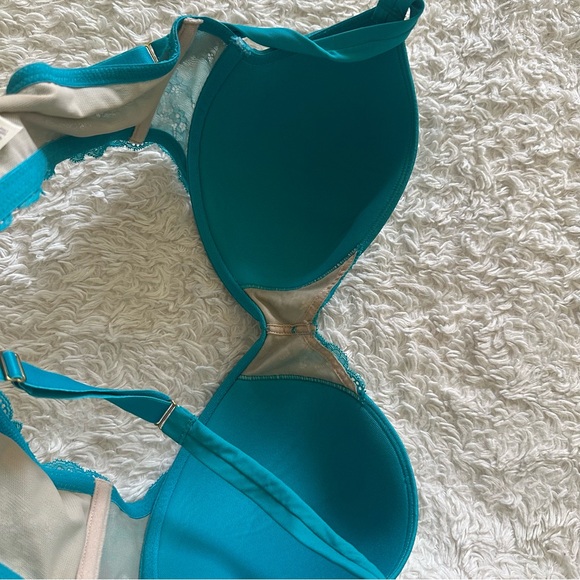 Cacique Quarterly Lace Plunge Bra 42C Underwire Padded Adjustable Strap Teal - Picture 8 of 8